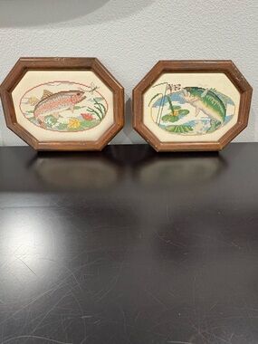 Vintage Fish Cross-Stitch Wall Art Set in Brown Frames Set of Two 1984.